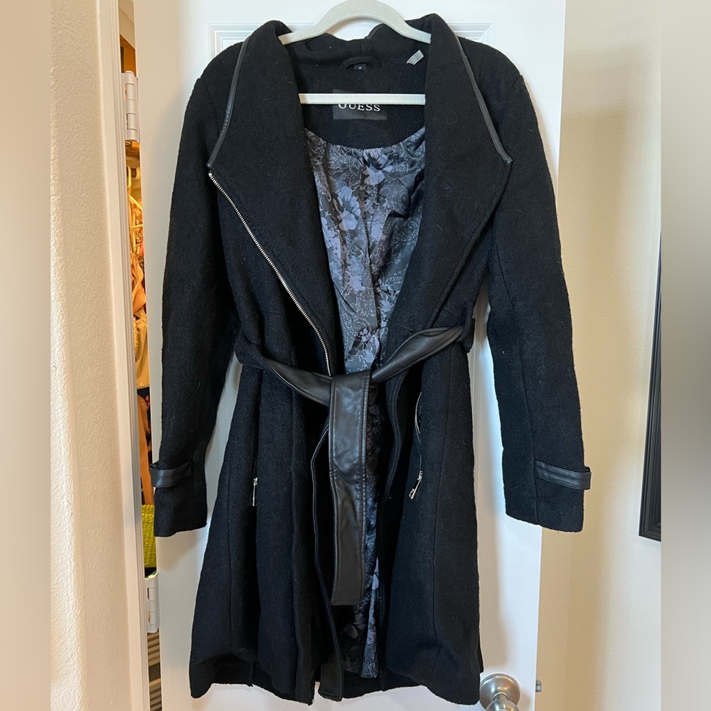 GUESS Wool Blend Longline Trench Coat with blue lining